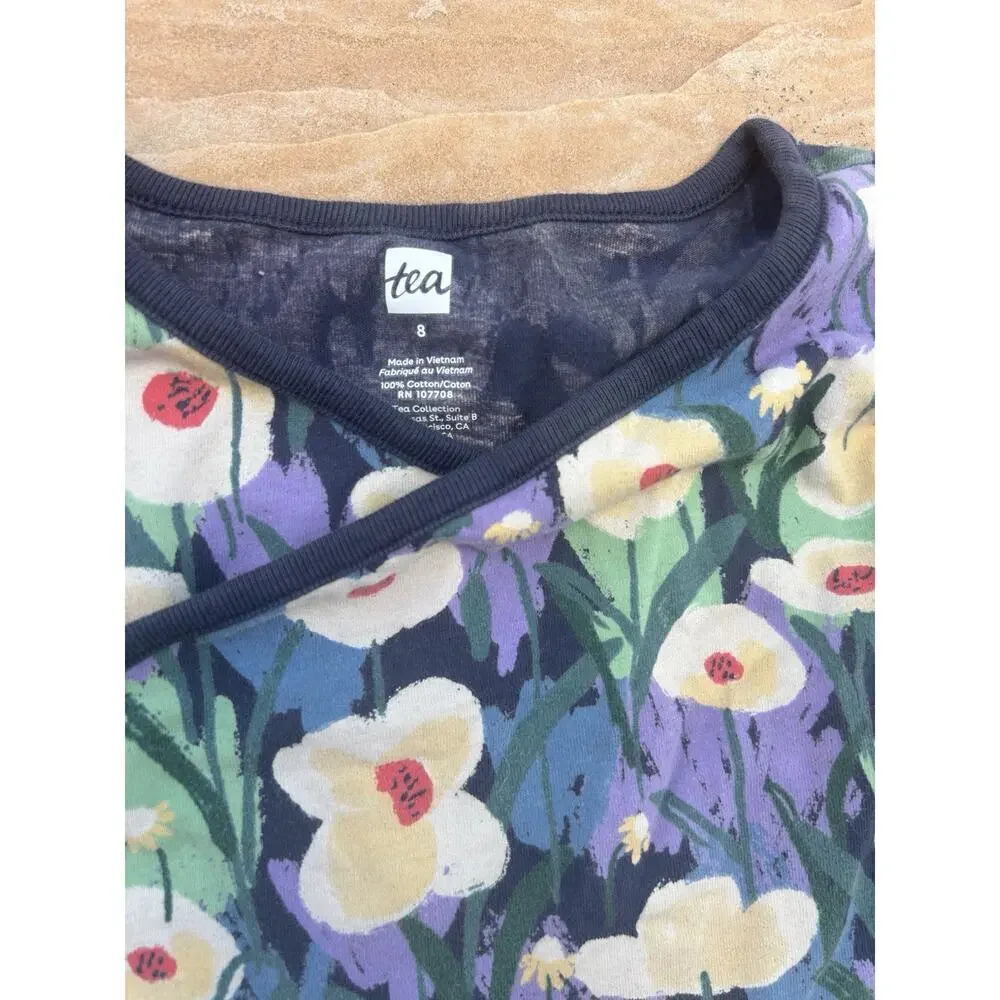 Tea Floral Dress sz 8 Long sleeve Crossover Navy Blue Green